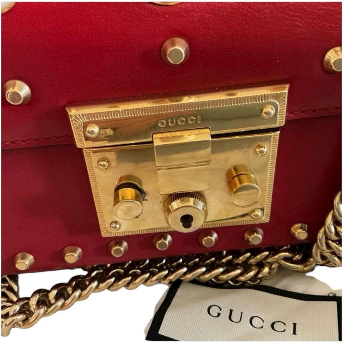 Gucci Padlock Studded Leather Shoulder Bag Red with Faux Pearls