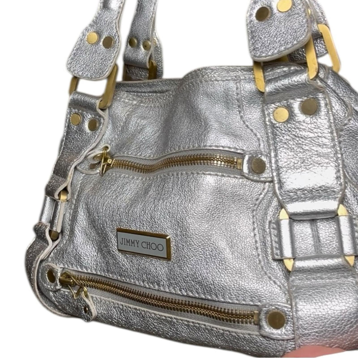 Jimmy Choo Mahala Tote Metallic Silver Leather Gold Hardware