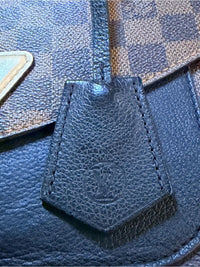 Louis Vuitton Brown Damier Ebene Satchel with Black Front Panel and Tan Handle