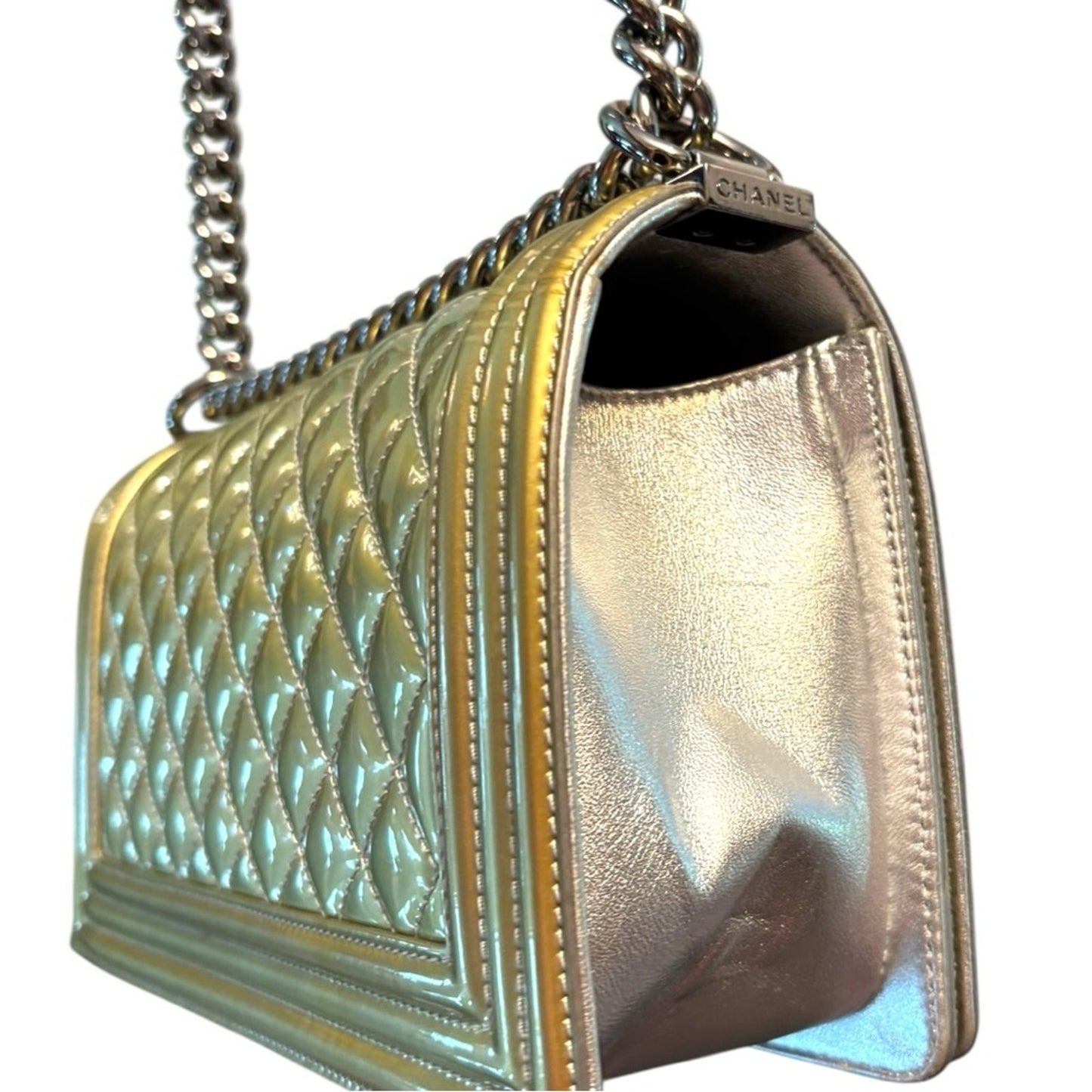 CHANEL Metallic Gold Quilted Boy Bag Crossbody with COA