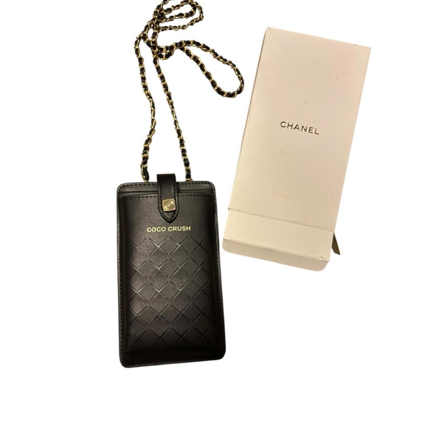 Chanel Coco Crush Black Leather Phone Holder Chain Necklace Case