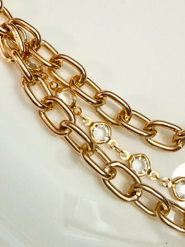 Gold Tone and Rhinestones Handbag Charm Chain layered with gold tone hardware