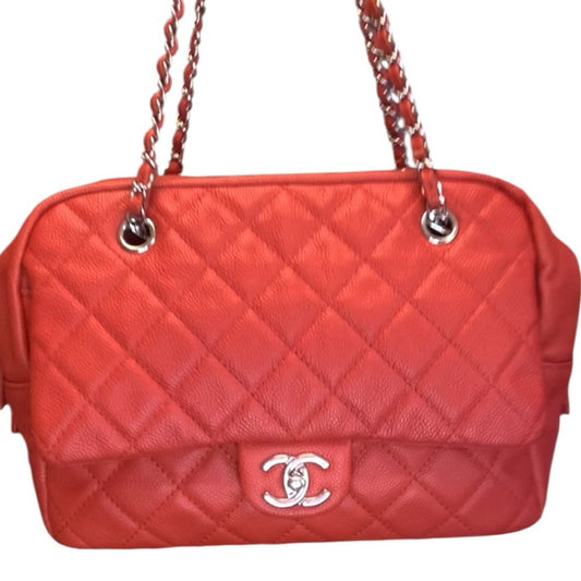 Chanel Orange Quilted Caviar Leather Shoulder Bag Silver Hardware