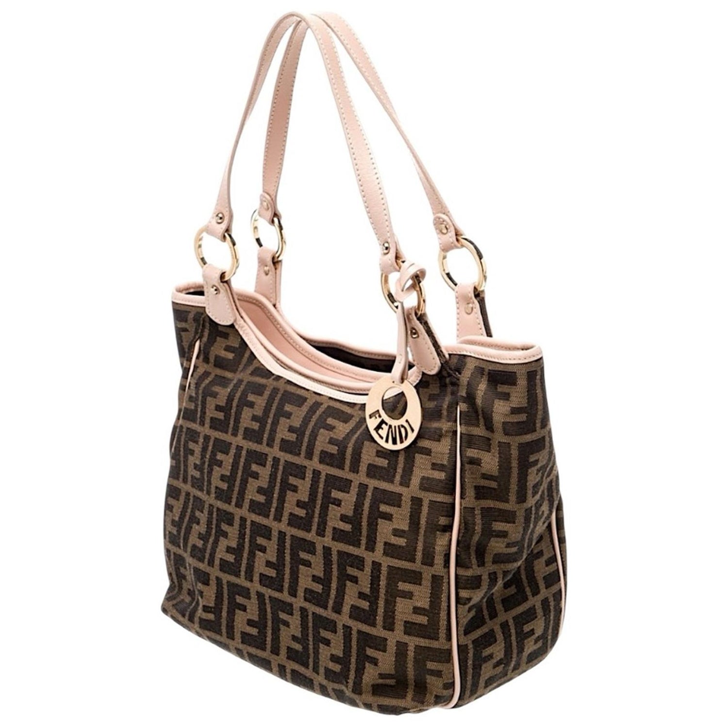Fendi Zucca FF Hobo Bag Brown Canvas Pink Leather Trim Gold Hardware