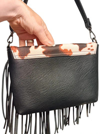 Western Cow Print Fringe Crossbody Bag Black Orange Brown Boho