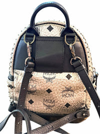 MCM Metallic Silver Studded Mini Backpack with Black Trim