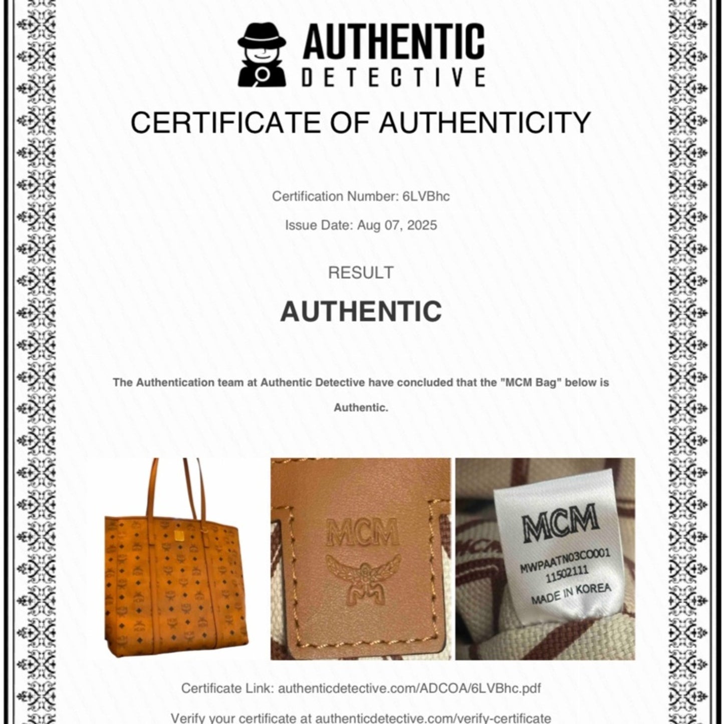 MCM Large Cognac Visetos Shopper Tote Bag with COA and Dustbag
