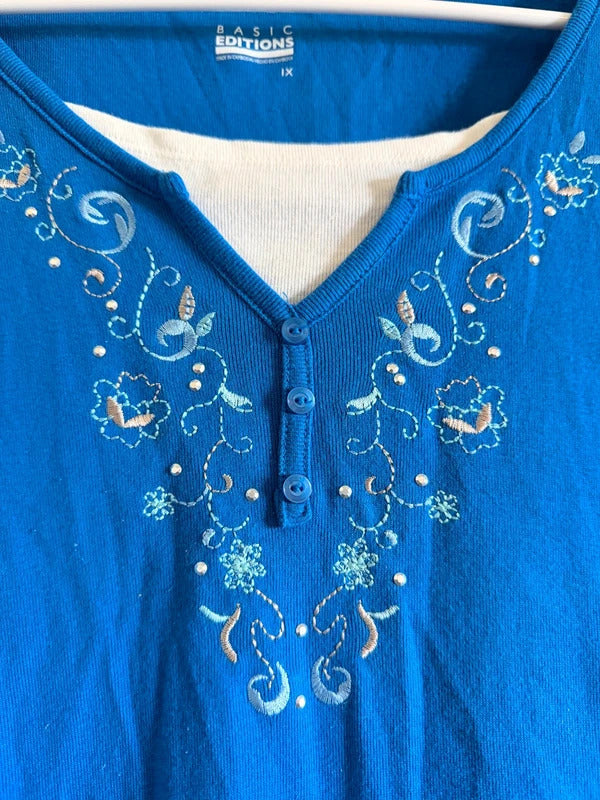 Basic Editions Royal Blue Embroidered Henley Top 1X SKUO