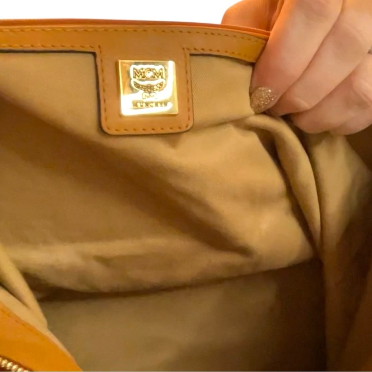 MCM Visetos Cognac Shopper Tote Bag with shoulder or crossbody strap with COA