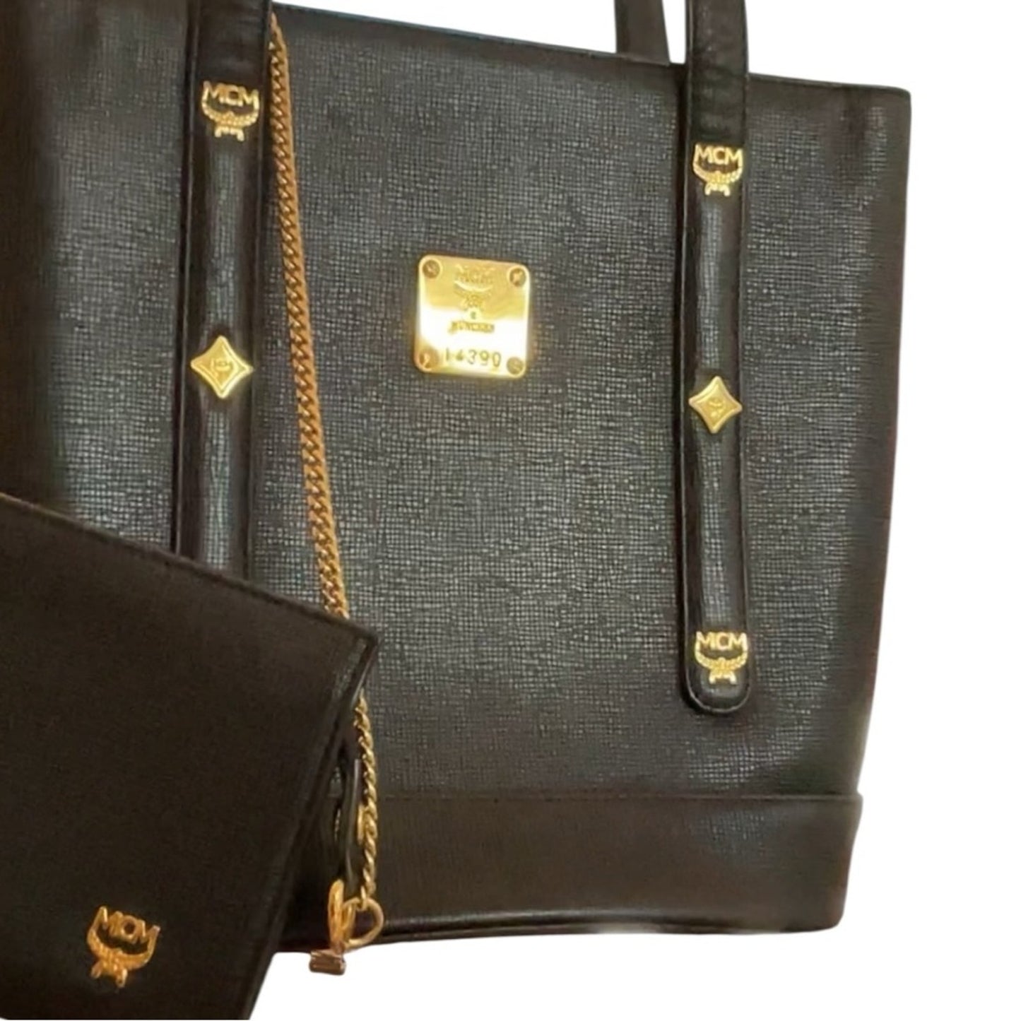 MCM Black Visetos Structured Tote Bag + Matching Pouch