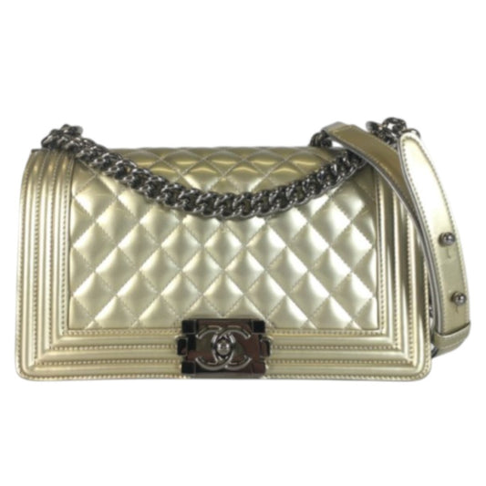 CHANEL Metallic Gold Quilted Boy Bag Crossbody with COA