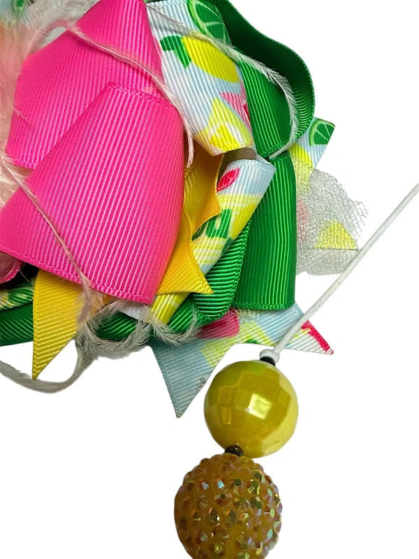 Colorful Lemonade Theme Ribbon Hair Bow and Bead Necklace Set skuQ