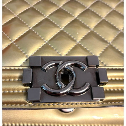 CHANEL Metallic Gold Quilted Boy Bag Crossbody with COA