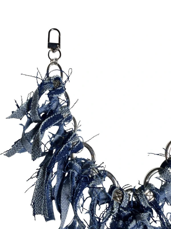 Boho Denim Bag Chain Charm Blue denim Fringe Purse Accessory 13”