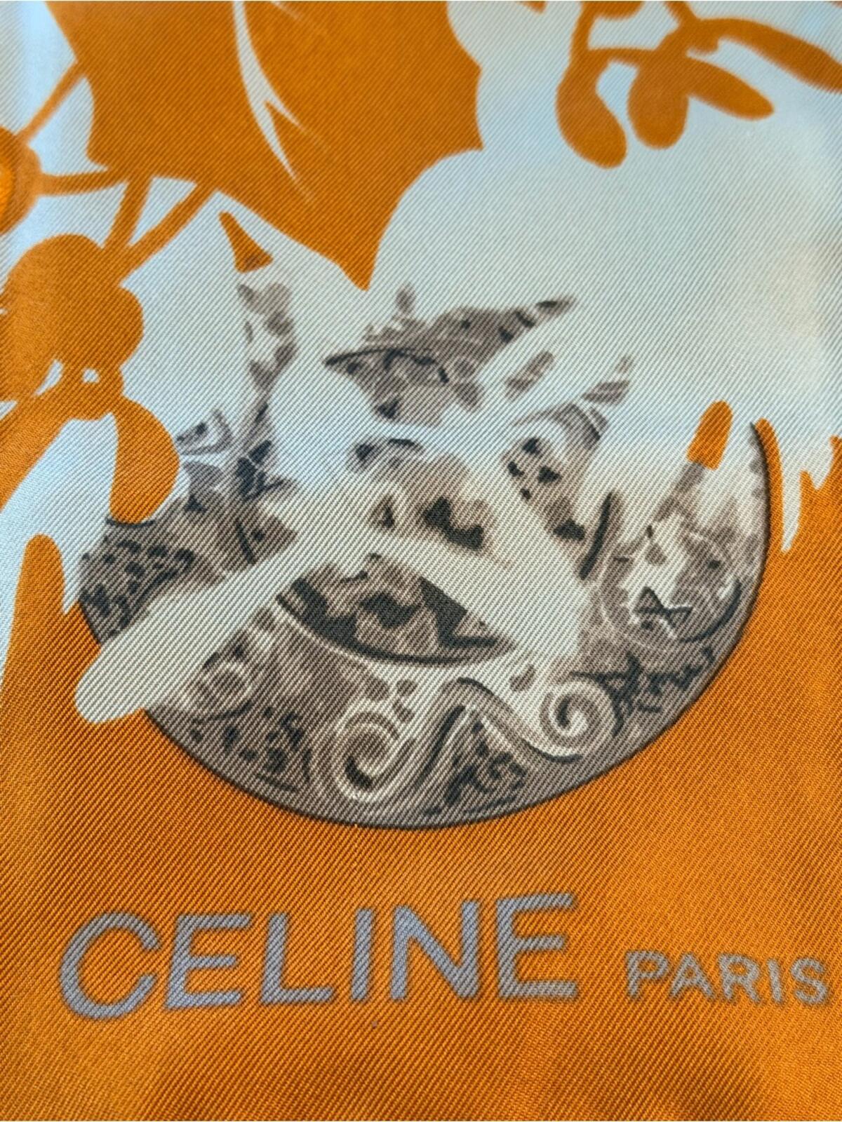 Celine Silk Scarf Orange & White Print with COA