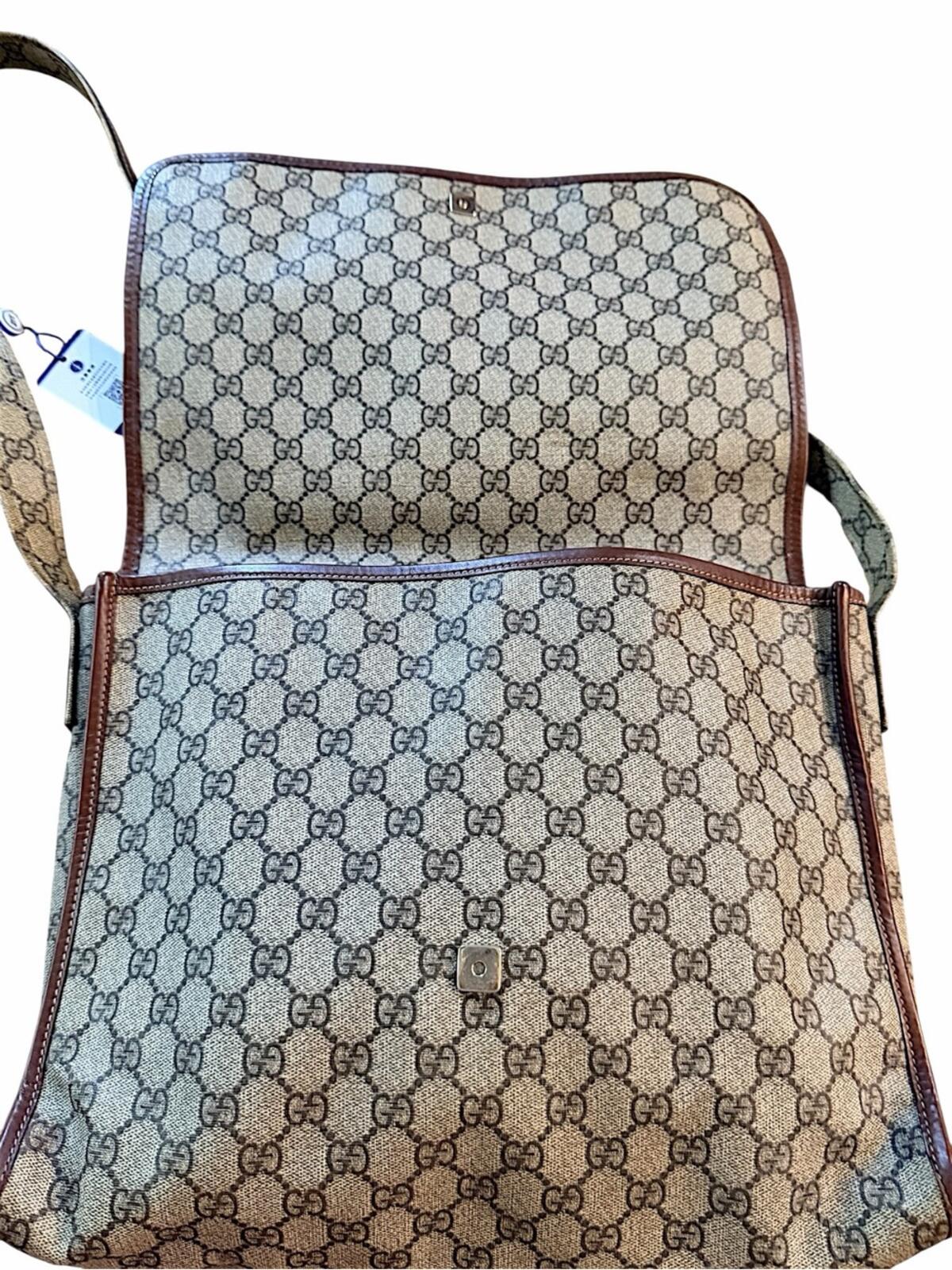 Gucci Beige/Brown Monogram Messenger Bag with Green & Red Web