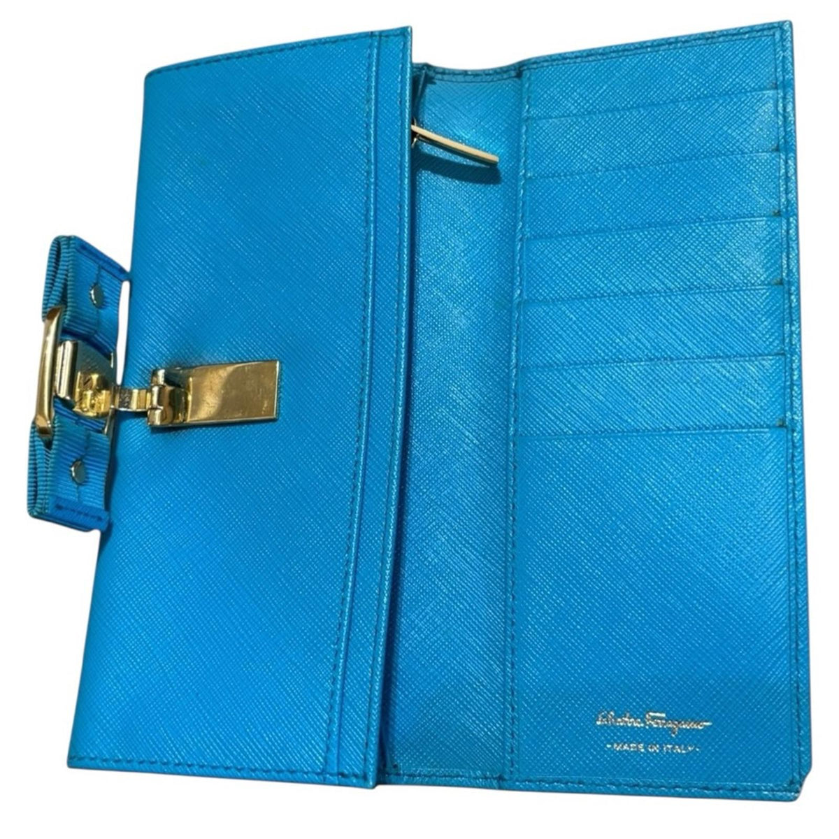 Salvatore Ferragamo Blue Wallet with Gold Detail and Bow closure