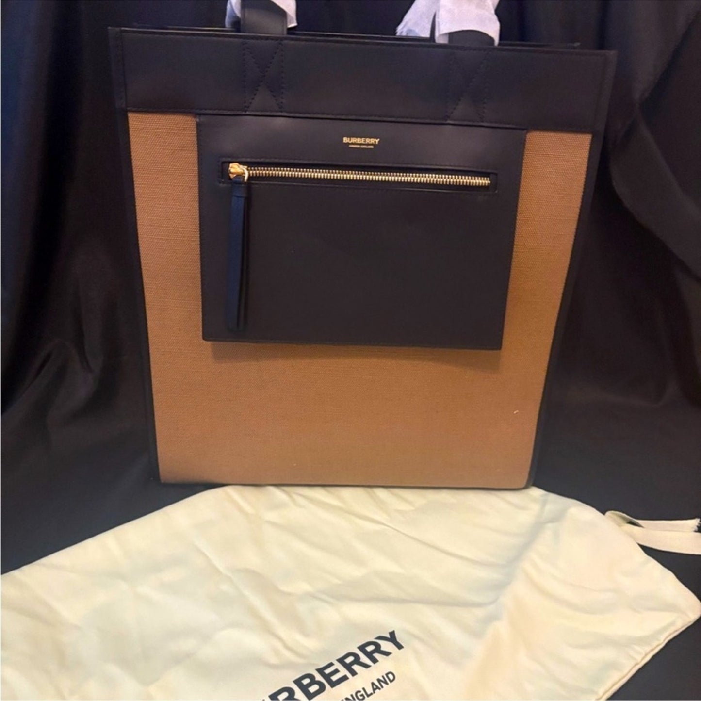 Burberry All Slim Leather Canvas Tote Camel/Black NWT and Dustbag
