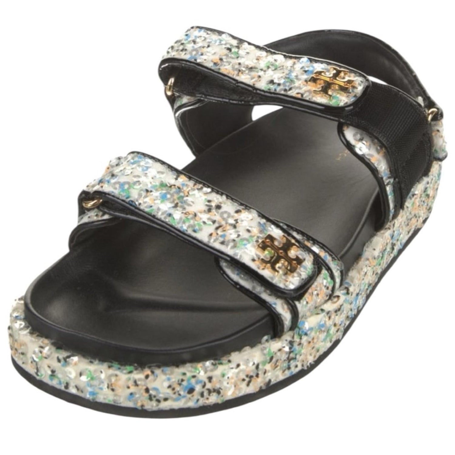 Tory Burch Sequin Sport Sandals Black Multicolor Velcro Straps Size 9