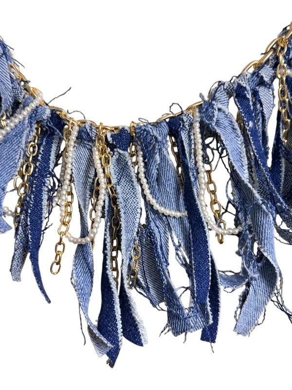 Boho Denim Purse Chain Charm Gold Pearl Fringe
