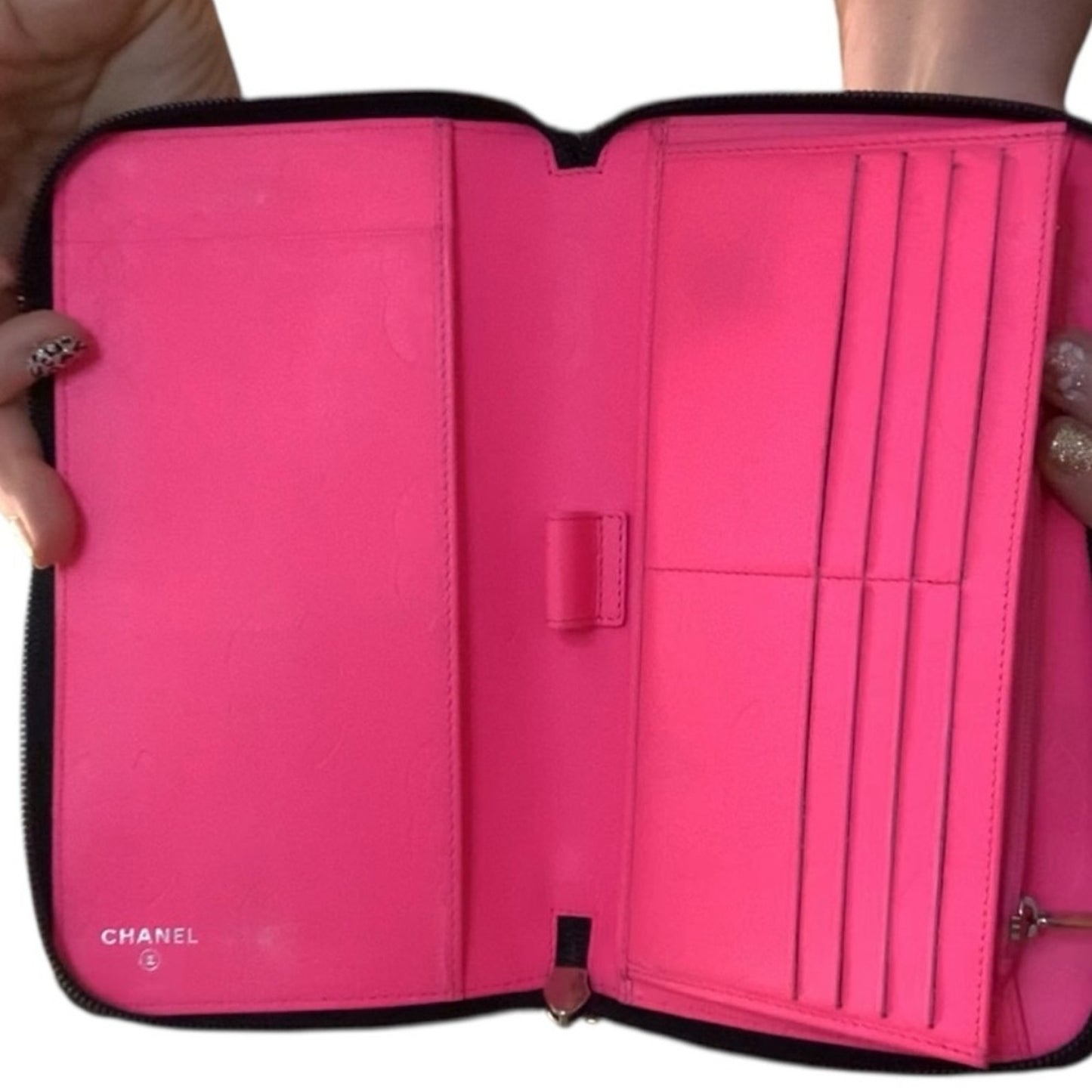 CHANEL Cambon Ligne Zip Wallet Organizer Black Quilted Leather Hot Pink