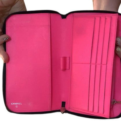 CHANEL Cambon Ligne Zip Wallet Organizer Black Quilted Leather Hot Pink