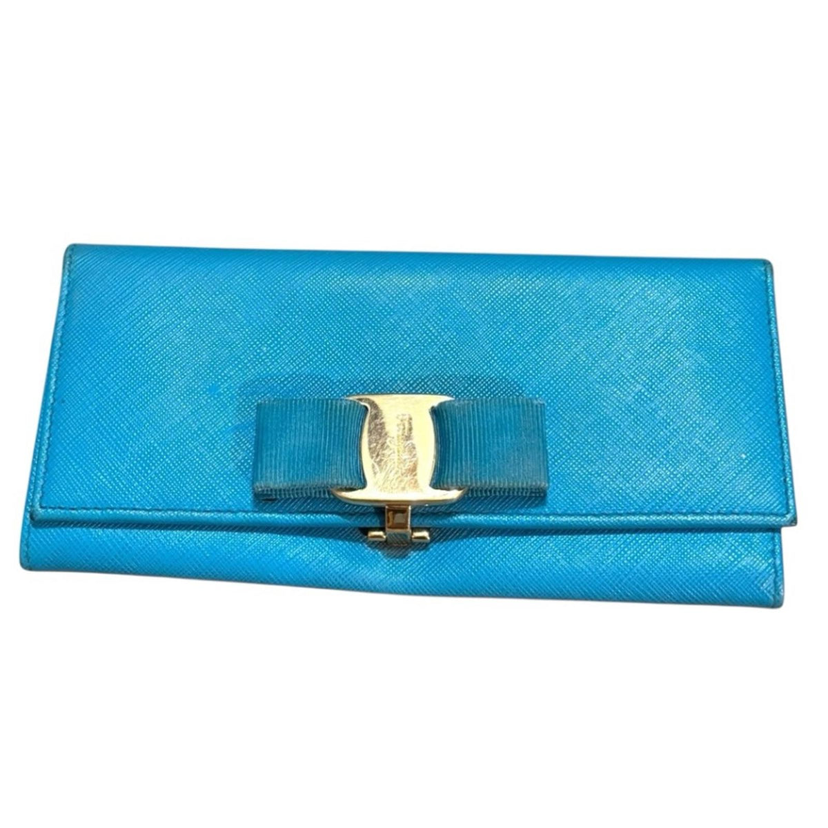 Salvatore Ferragamo Blue Wallet with Gold Detail and Bow closure