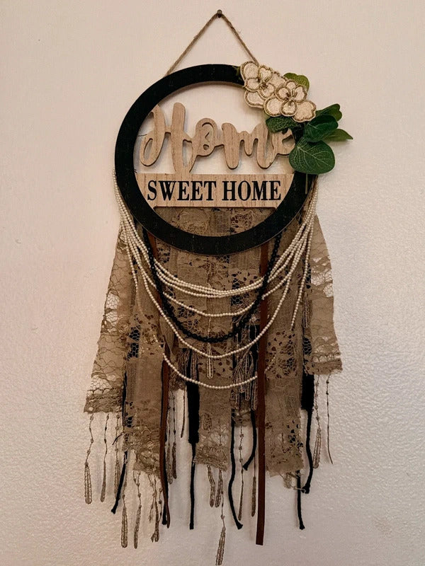 Rustic Boho Farmhouse Home Sweet Home Lace Pearl Wall Hanging New