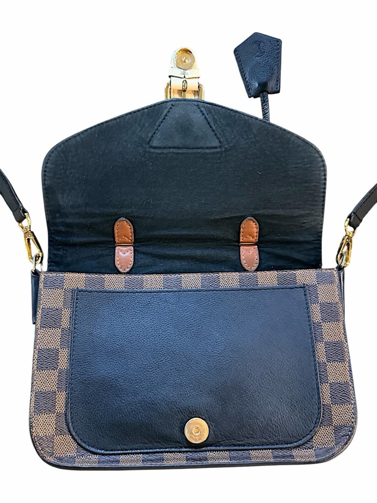 Louis Vuitton Brown Damier Ebene Satchel with Black Front Panel and Tan Handle