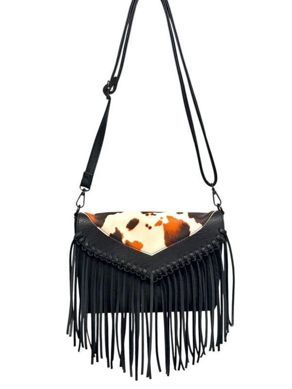 Western Cow Print Fringe Crossbody Bag Black Orange Brown Boho