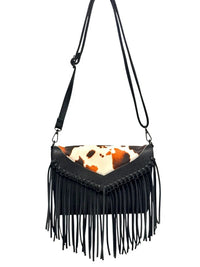 Western Cow Print Fringe Crossbody Bag Black Orange Brown Boho