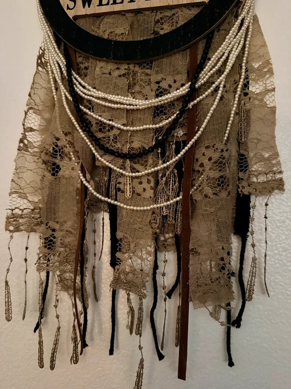 Rustic Boho Farmhouse Home Sweet Home Lace Pearl Wall Hanging New