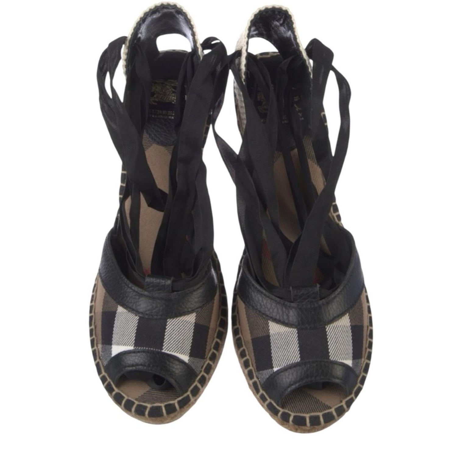 Burberry Canvas Check Espadrille Wedge Slingback Pumps Peep Toe Size 39 US 9