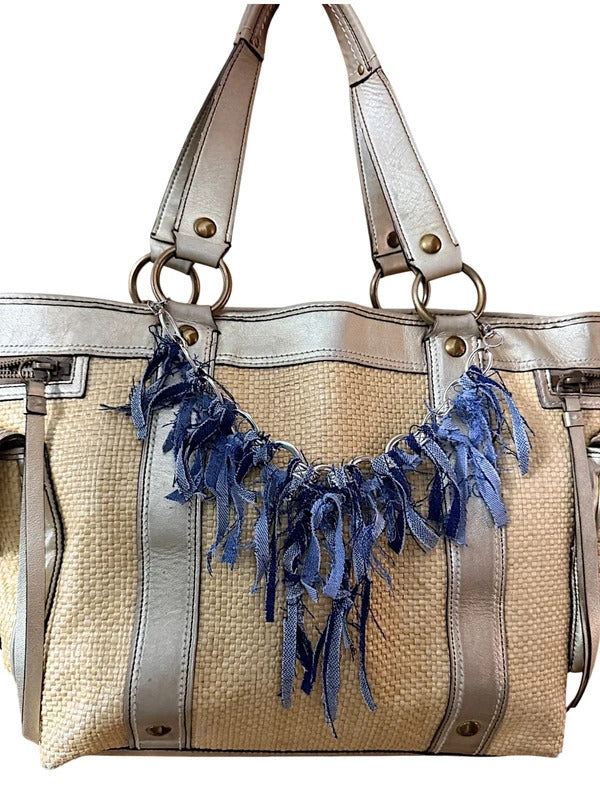 Boho Denim Bag Chain Charm Blue denim Fringe Purse Accessory 13”