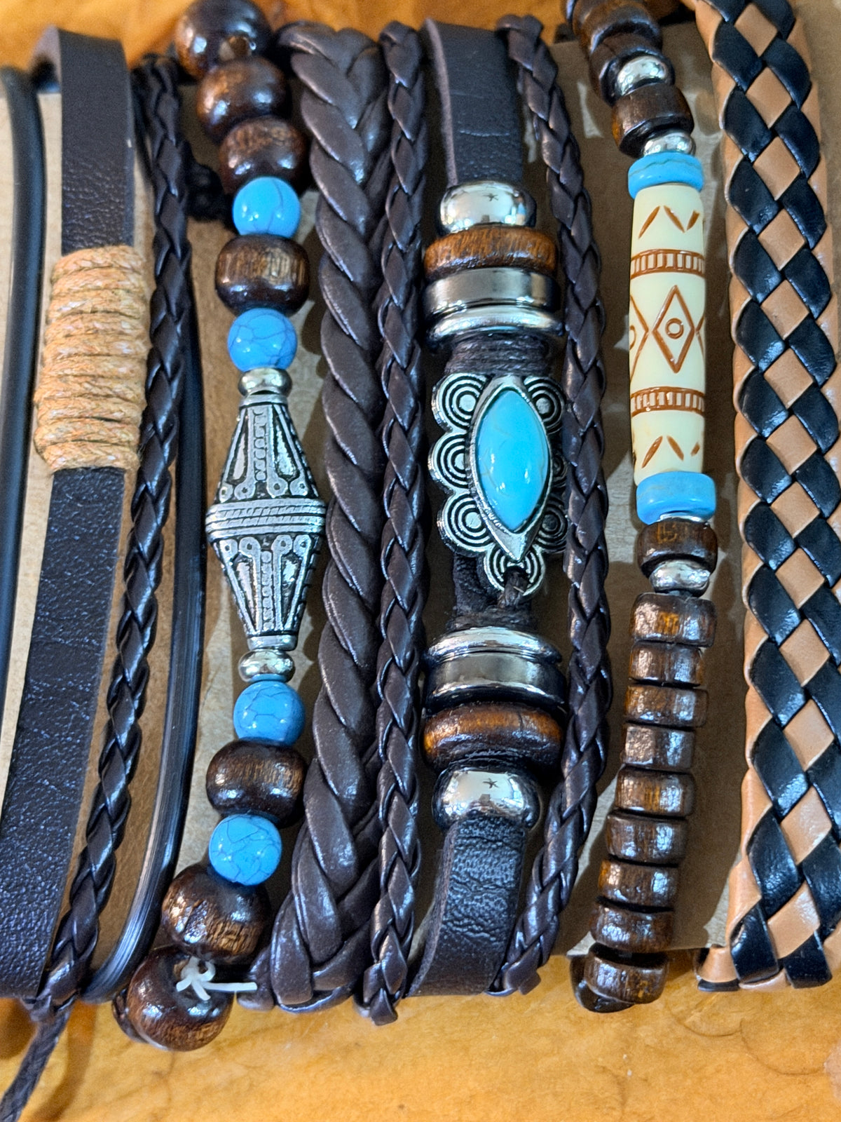 Set of 6 Boho Western Turquoise Faux Leather Bracelet Set Wood Beads Stackable Fashion Jewelry sku003