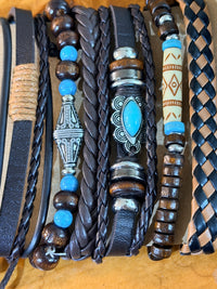 Set of 6 Boho Western Turquoise Faux Leather Bracelet Set Wood Beads Stackable Fashion Jewelry sku003