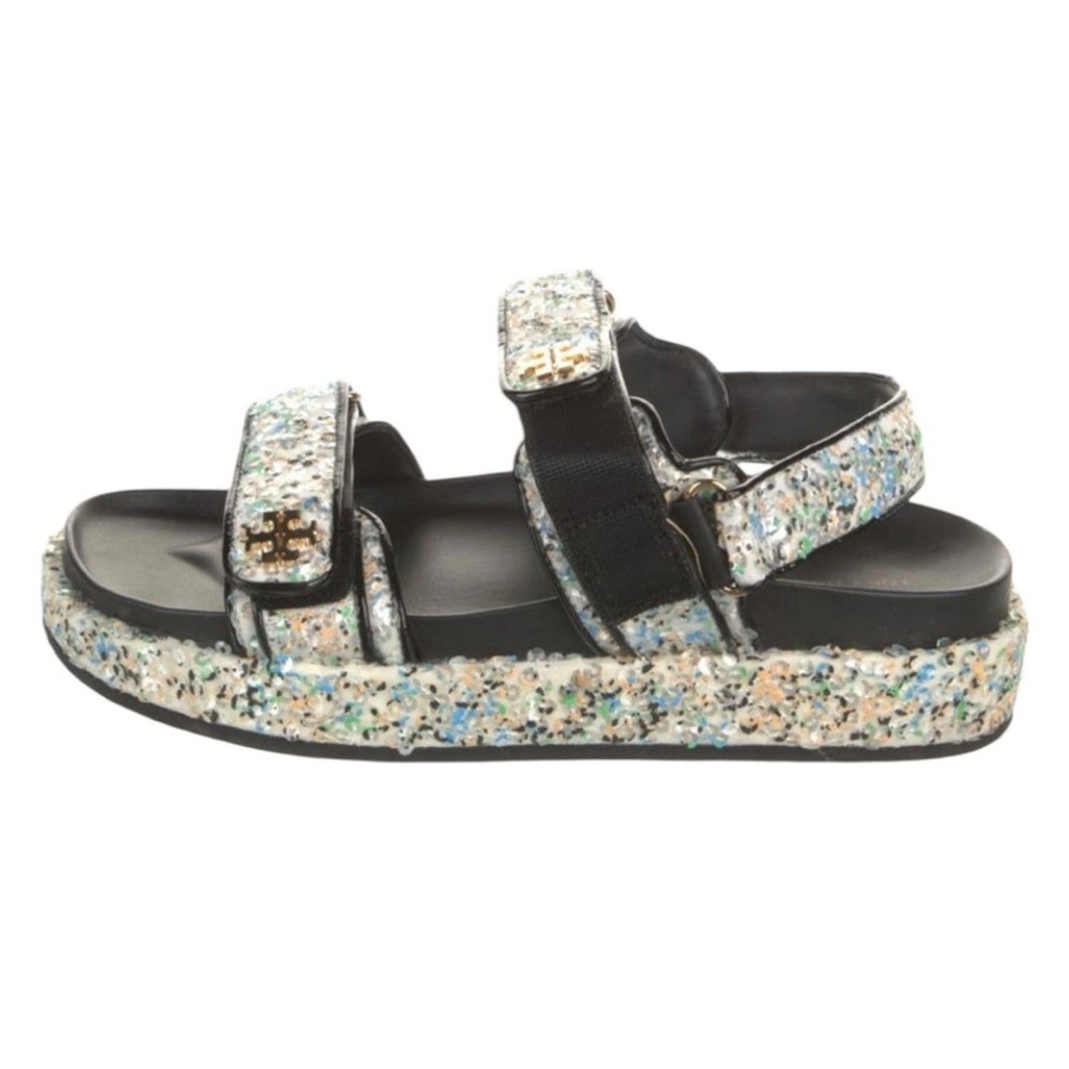 Tory Burch Sequin Sport Sandals Black Multicolor Velcro Straps Size 9
