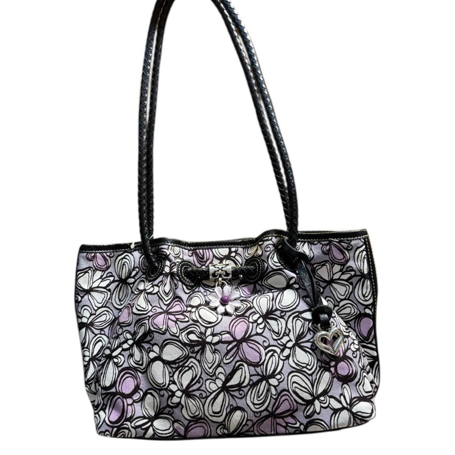 Brighton Floral Canvas Leather Shoulder Tote Bag Purple Black Silver Charm