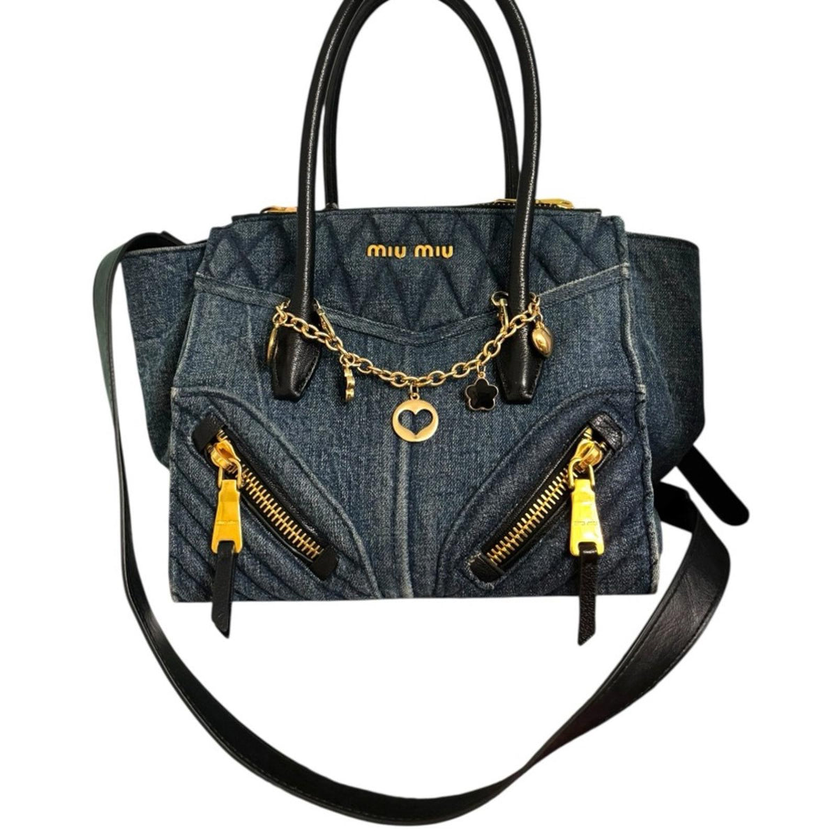 Miu Miu Quilted Denim & Black Leather Tote Satchel