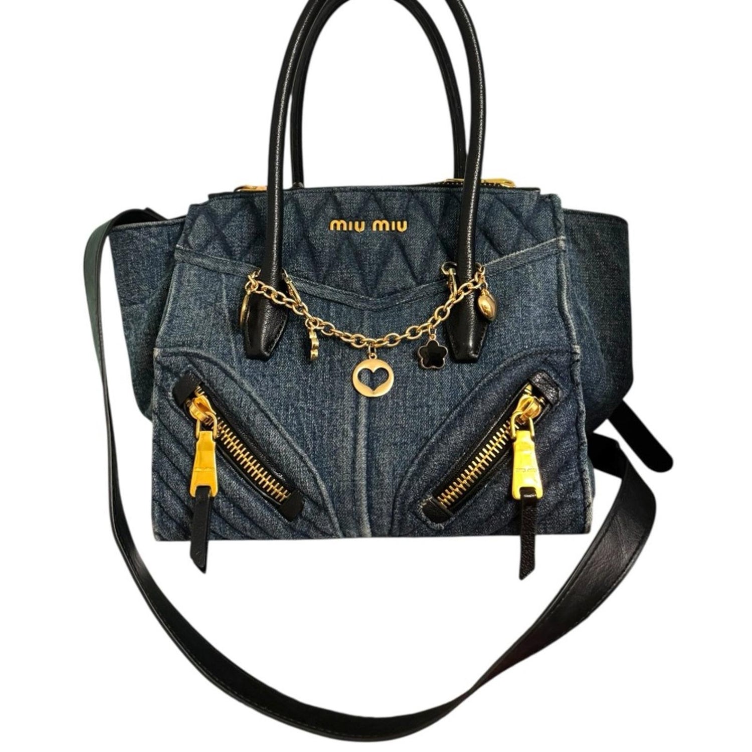 Miu Miu Quilted Denim & Black Leather Tote Satchel
