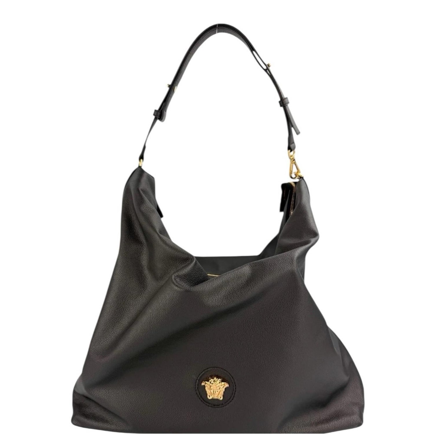 Versace Black 100% Pebbled Leather Large Hobo Shoulder Tote Bag NWT