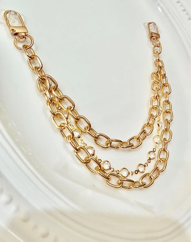 Gold Tone and Rhinestones Handbag Charm Chain layered with gold tone hardware