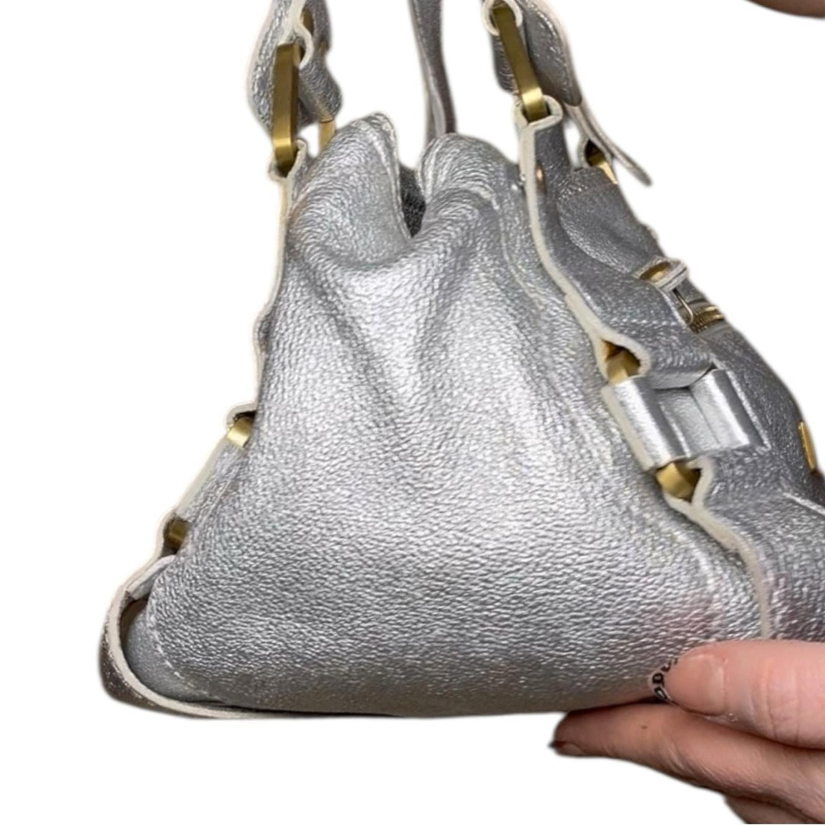 Jimmy Choo Mahala Tote Metallic Silver Leather Gold Hardware