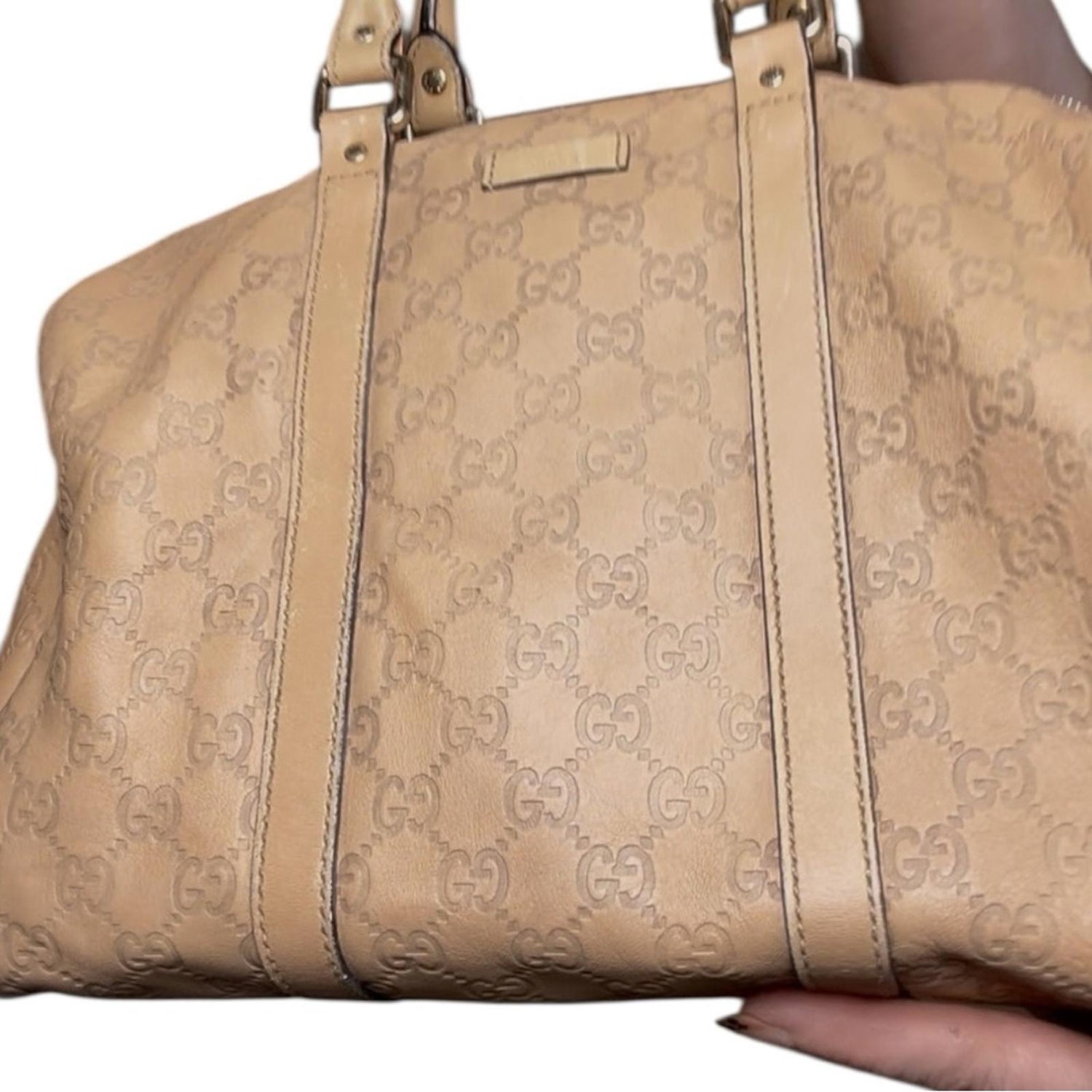 Gucci Guccissima Joy Embossed Leather Boston Bag Beige