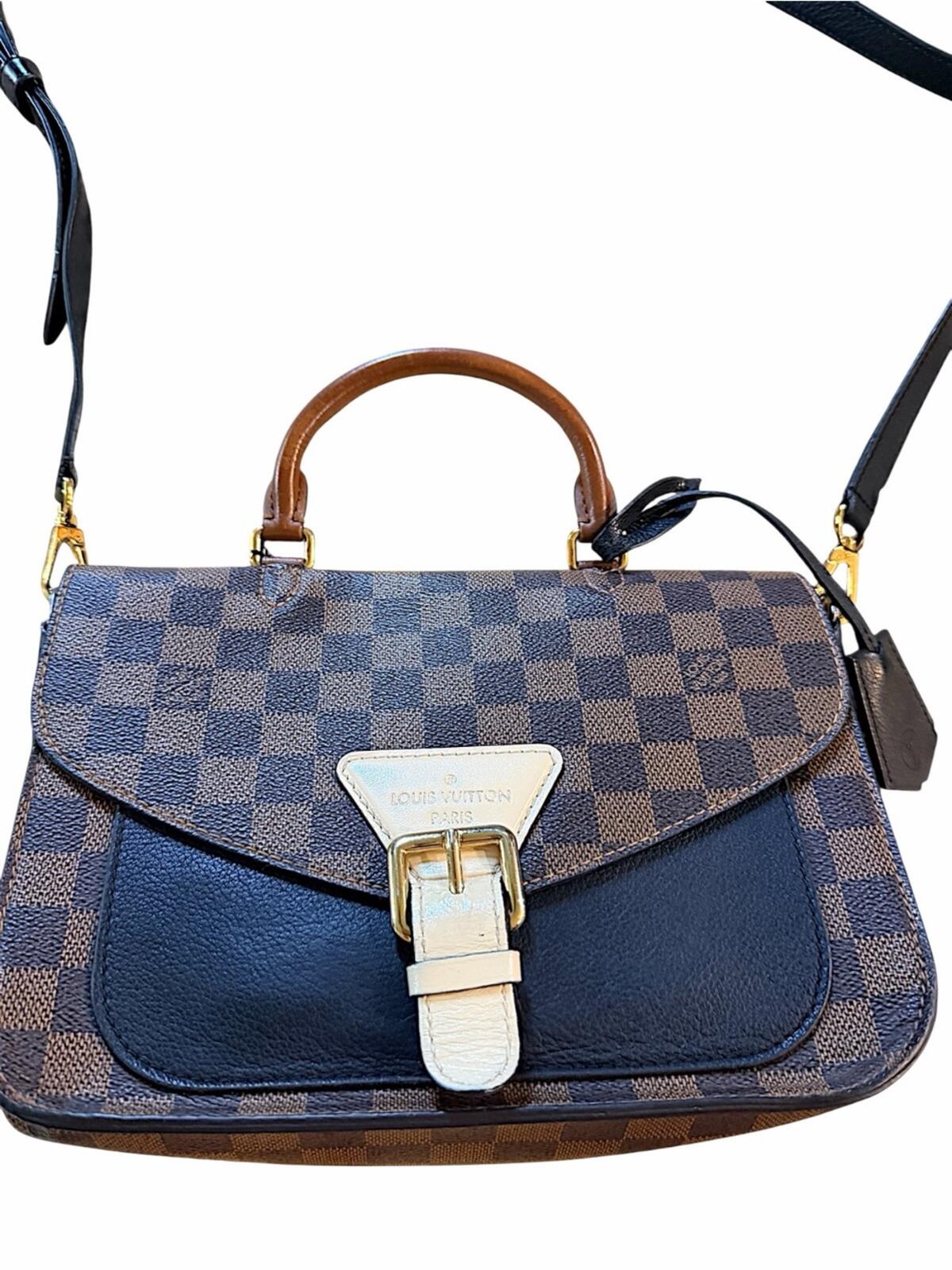 Louis Vuitton Brown Damier Ebene Satchel with Black Front Panel and Tan Handle