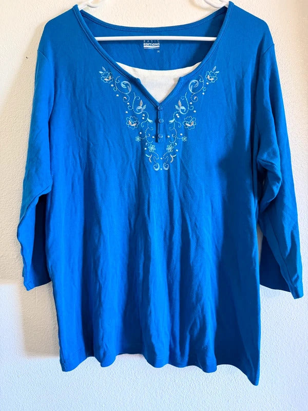 Basic Editions Royal Blue Embroidered Henley Top 1X SKUO