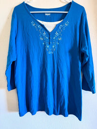 Basic Editions Royal Blue Embroidered Henley Top 1X SKUO