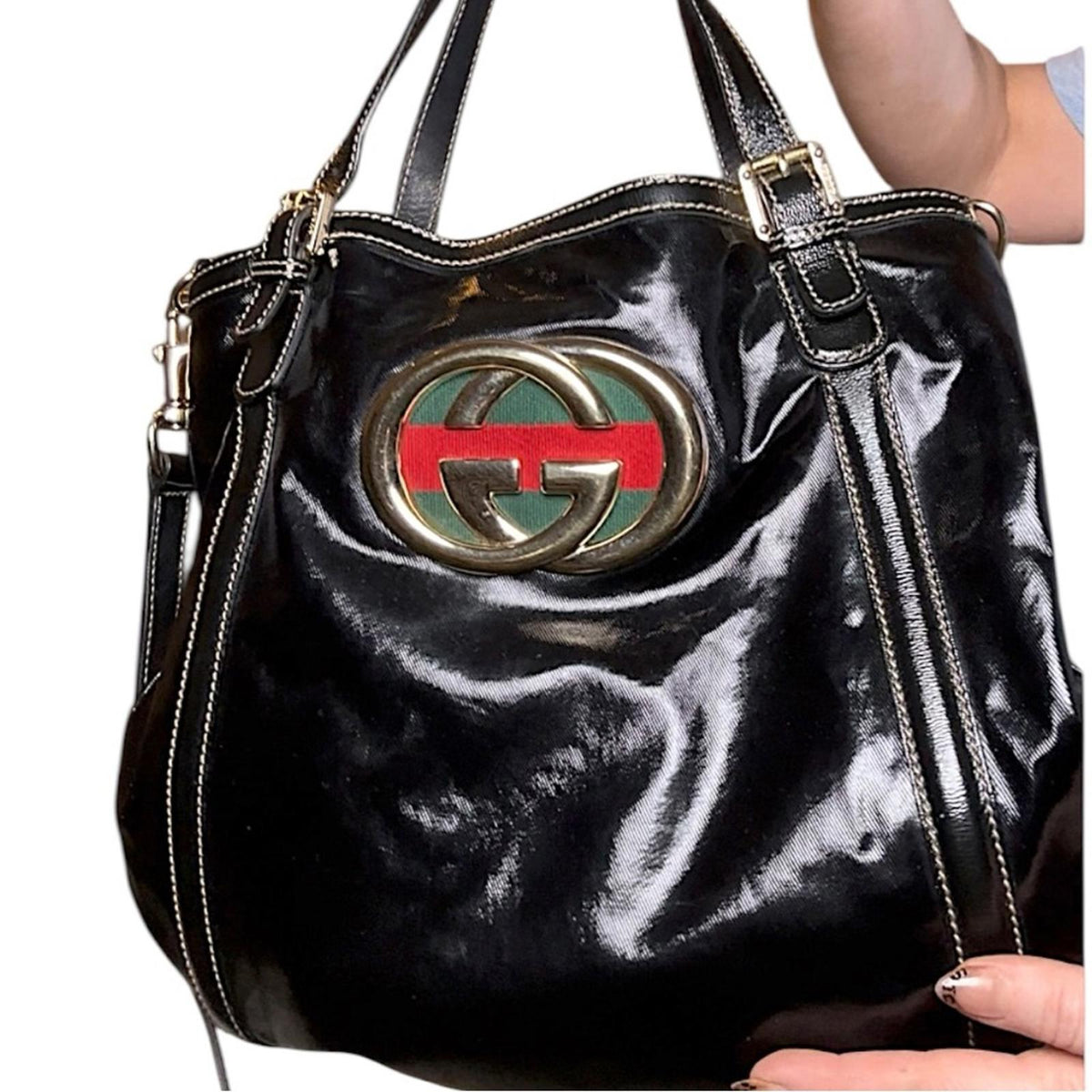 Gucci Coated Canvas and Patent Leather GG Logo Dialux Britt Hobo Bag