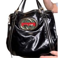 Gucci Coated Canvas and Patent Leather GG Logo Dialux Britt Hobo Bag