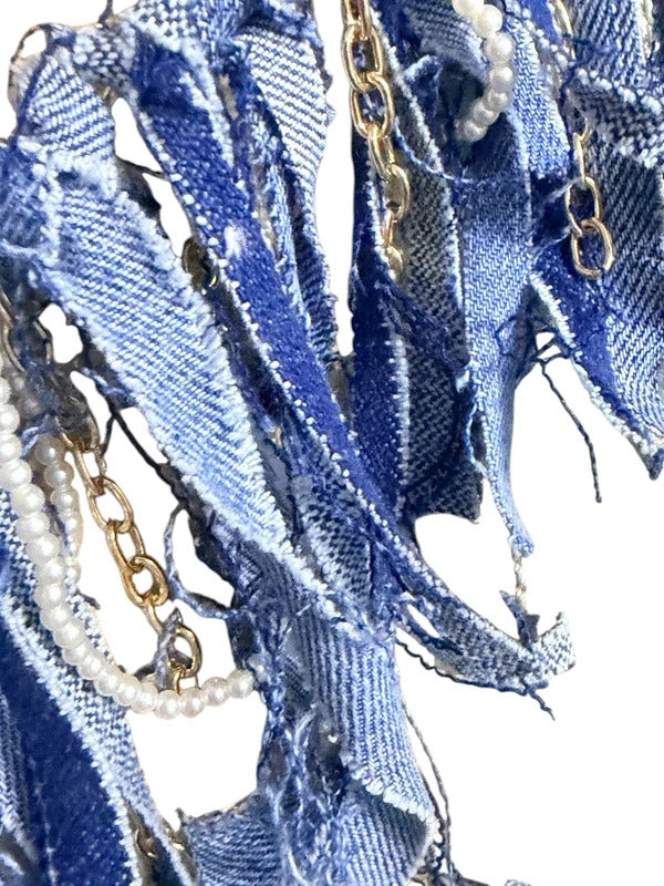 Boho Denim Purse Chain Charm Gold Pearl Fringe